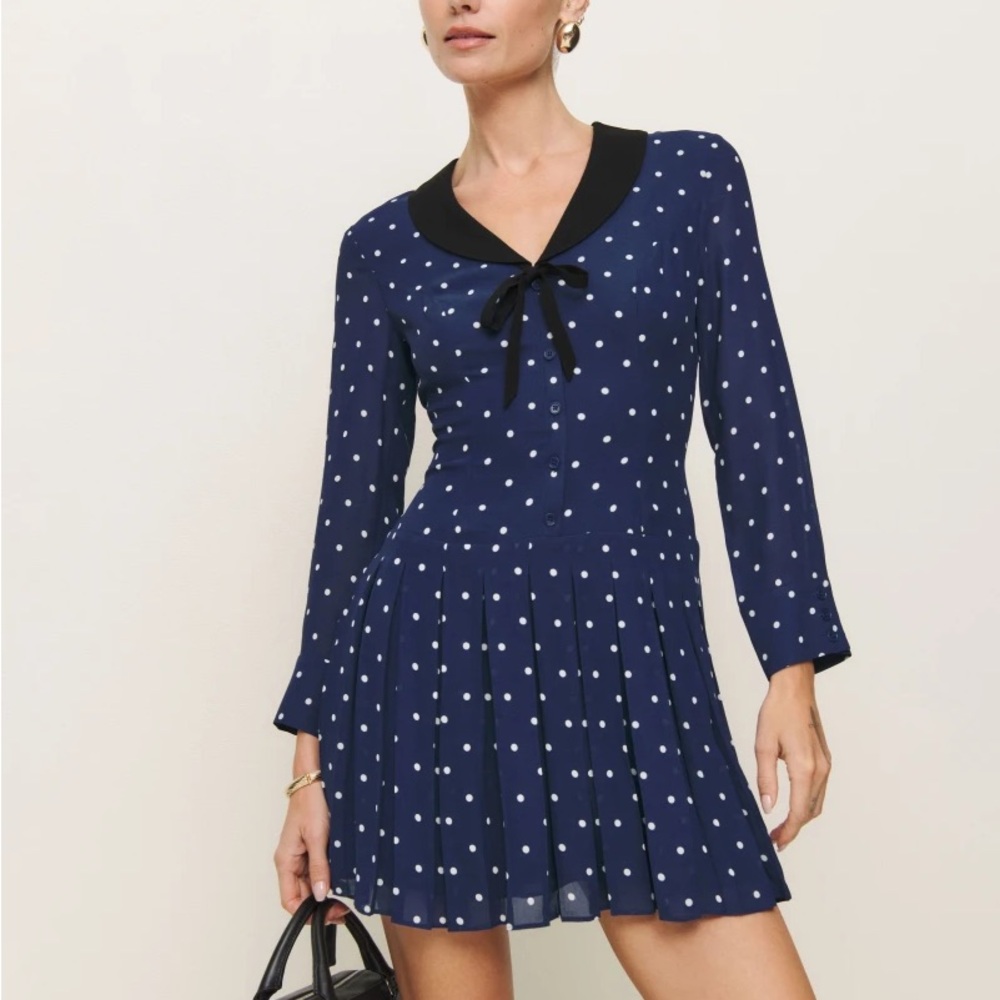 Navy Polka Dot Dress with Black Collar